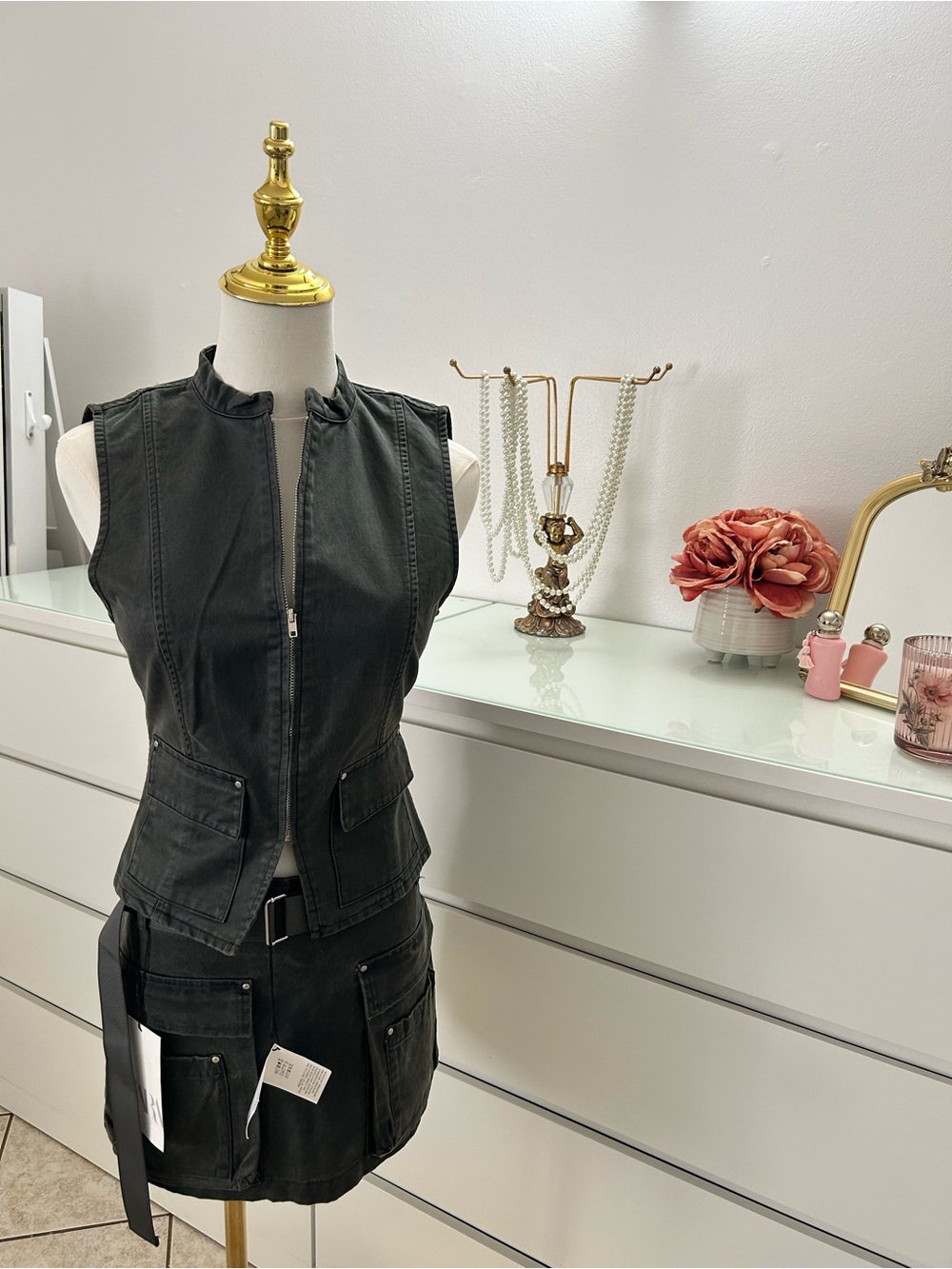 Zara Black Sleeveless Zip Vest & Cargo Mini Skirt Set